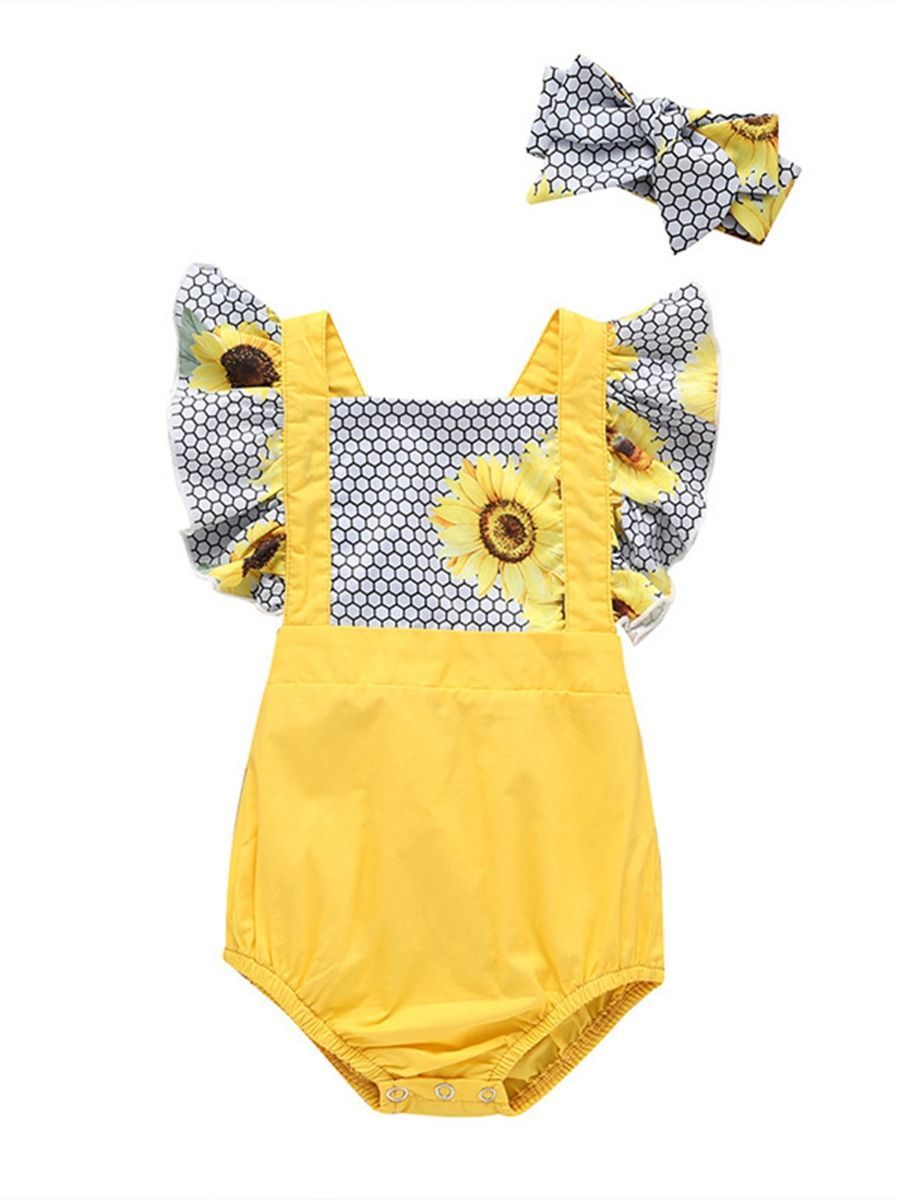 Sunflower Pattern 2-Piece Flutter Sleeve Baby Bodysuit Matching Headband - dianjiang-