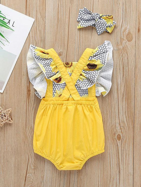 Sunflower Pattern 2-Piece Flutter Sleeve Baby Bodysuit Matching Headband - dianjiang-