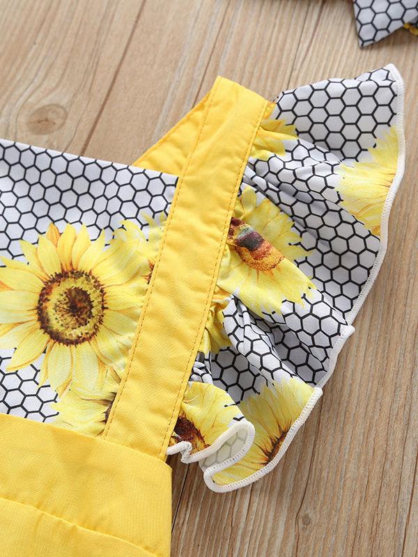 Sunflower Pattern 2-Piece Flutter Sleeve Baby Bodysuit Matching Headband - dianjiang-