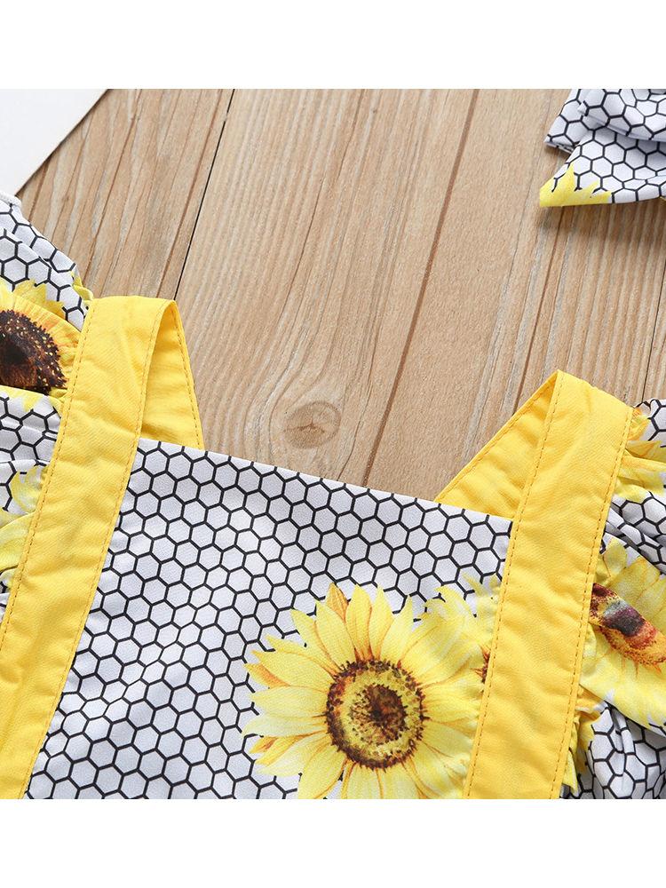 Sunflower Pattern 2-Piece Flutter Sleeve Baby Bodysuit Matching Headband - dianjiang-
