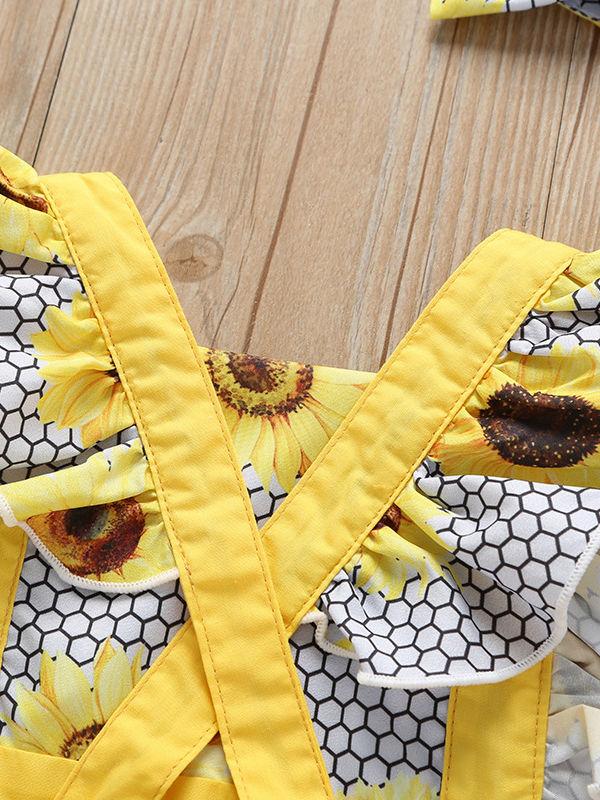 Sunflower Pattern 2-Piece Flutter Sleeve Baby Bodysuit Matching Headband - dianjiang-