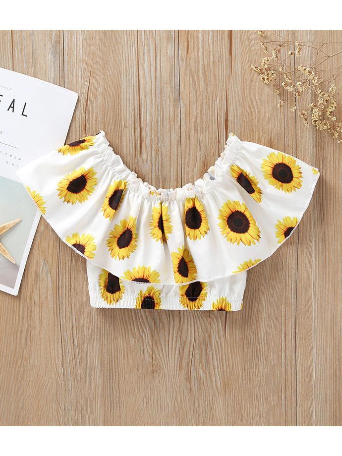 3-Piece Sunflower Printed Baby Girl Outfit Off Shoulder Top+Shorts+Headband - dianjiang-