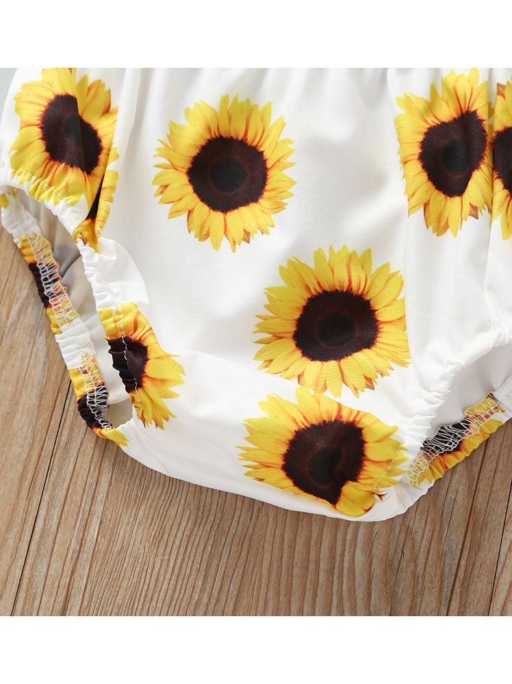 3-Piece Sunflower Printed Baby Girl Outfit Off Shoulder Top+Shorts+Headband - dianjiang-