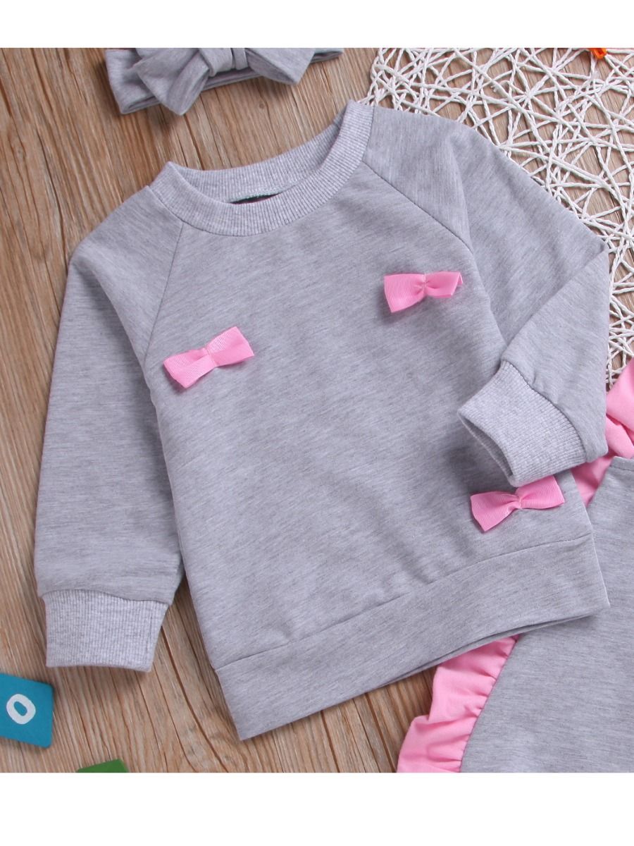 3-Piece Casual Clothing Outfits Set Bow Sweatshirt+Ruffle Pants+Headband - dianjiang-