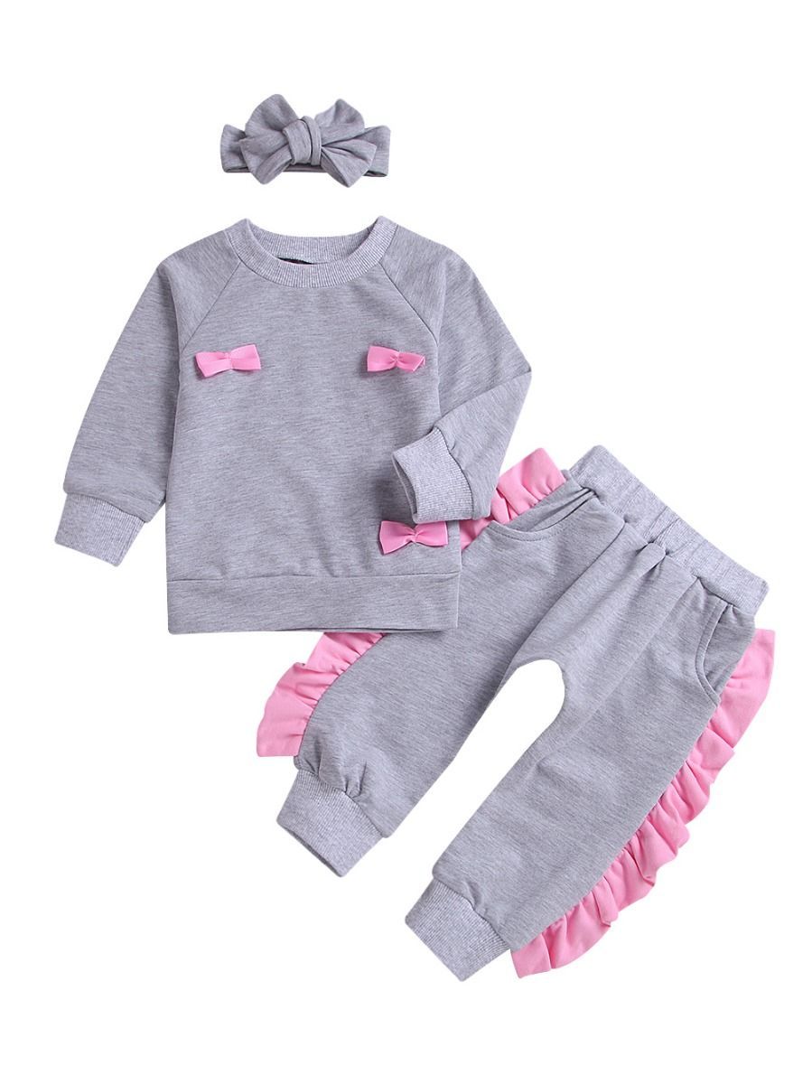 3-Piece Casual Clothing Outfits Set Bow Sweatshirt+Ruffle Pants+Headband - dianjiang-