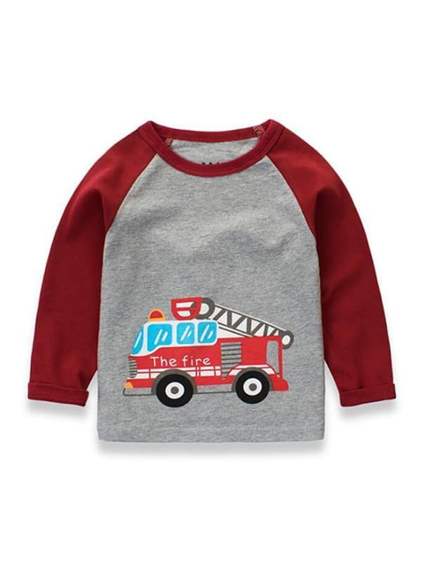 Cartoon Vehicle Printed Long-sleeve Tee Pullover Top Cotton Boys T-shirt - dianjiang-