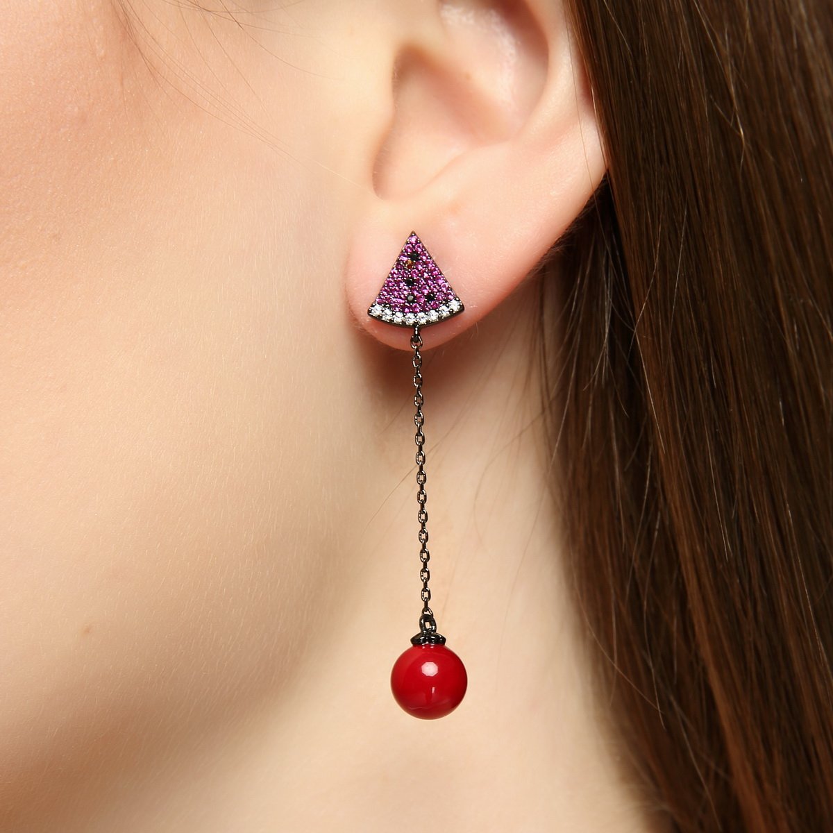 Refreshing summer jewelry-grade mosaic Adorable asymmetrical watermelon earrings ear clip female earless hole - dianjiang-