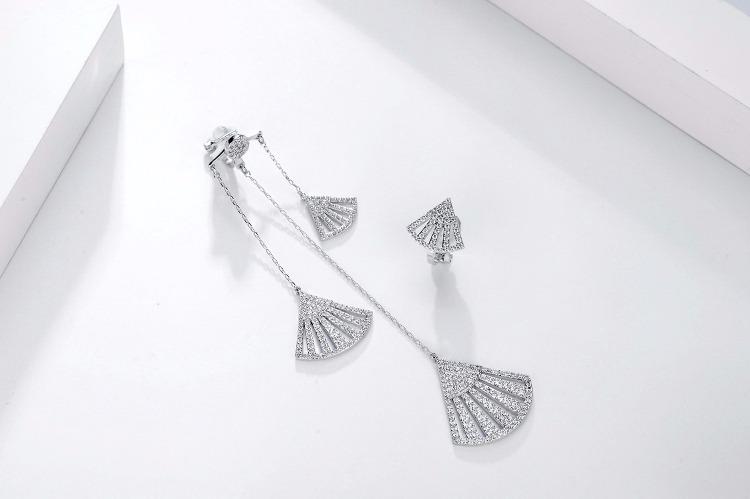 Luxury boutique Zhao Liying same style micro inlay asymmetric fan-shaped tassel long earclip Earrings no ear hole female Europe and America - dianjiang-