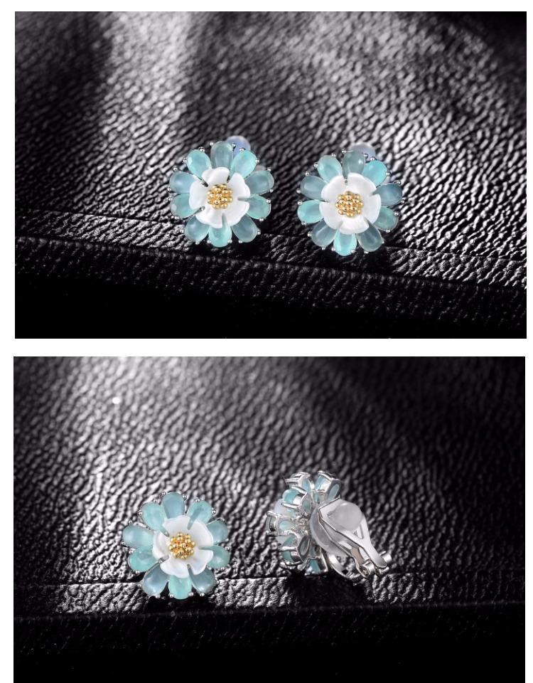 Double three-dimensional dream light blue flower blue Lotus Earrings Earrings Earrings No Earholes Female Clip Japanese Girls - dianjiang-