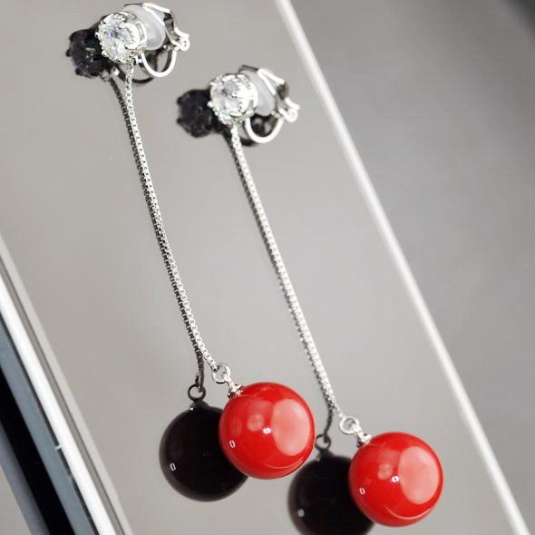 Versatile long tassel pearl with red pearl and red ear clip earrings without earhole and painless female South Korea - dianjiang-