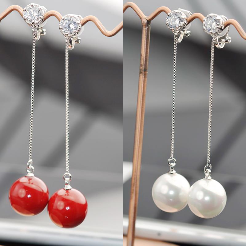 Versatile long tassel pearl with red pearl and red ear clip earrings without earhole and painless female South Korea - dianjiang-