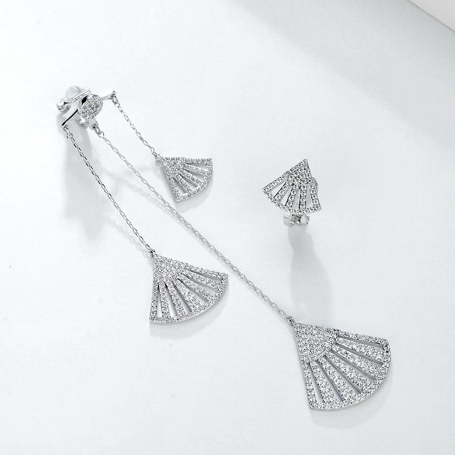 Luxury boutique Zhao Liying same style micro inlay asymmetric fan-shaped tassel long earclip Earrings no ear hole female Europe and America - dianjiang-