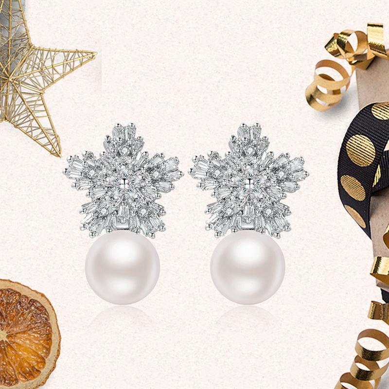 Special fairies, super beautiful snowflake, zircon, pearl, earrings, earless clip, female, European, American and Korean temperament - dianjiang-