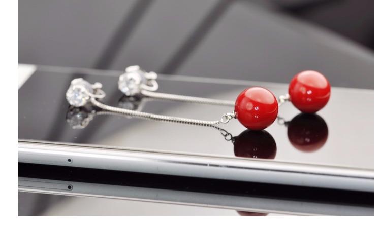 Versatile long tassel pearl with red pearl and red ear clip earrings without earhole and painless female South Korea - dianjiang-