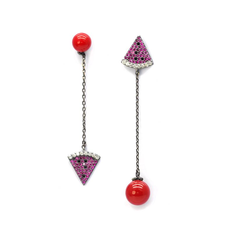Refreshing summer jewelry-grade mosaic Adorable asymmetrical watermelon earrings ear clip female earless hole - dianjiang-