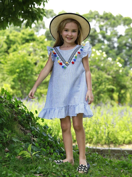 Baby Little Girl Clothes Tassel Trimmed Pinstripe Shift Dress - dianjiang-