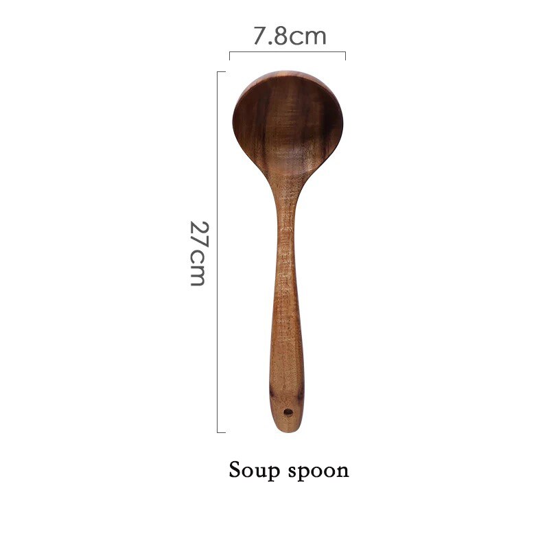 Thailand Teak Natural Wood Tableware Spoon Ladle Turner Long Rice Colander Soup Skimmer Cooking Spoons Scoop Kitchen Tool Set - dianjiang-