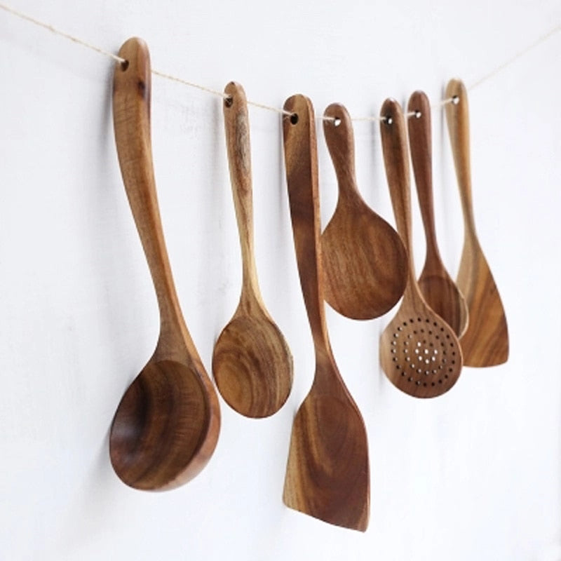 Thailand Teak Natural Wood Tableware Spoon Ladle Turner Long Rice Colander Soup Skimmer Cooking Spoons Scoop Kitchen Tool Set - dianjiang-