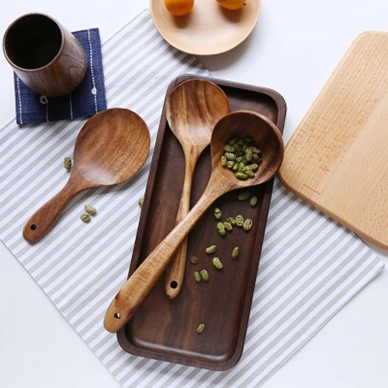 Thailand Teak Natural Wood Tableware Spoon Ladle Turner Long Rice Colander Soup Skimmer Cooking Spoons Scoop Kitchen Tool Set - dianjiang-