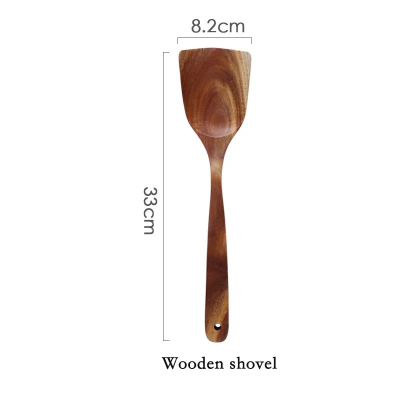 Thailand Teak Natural Wood Tableware Spoon Ladle Turner Long Rice Colander Soup Skimmer Cooking Spoons Scoop Kitchen Tool Set - dianjiang-