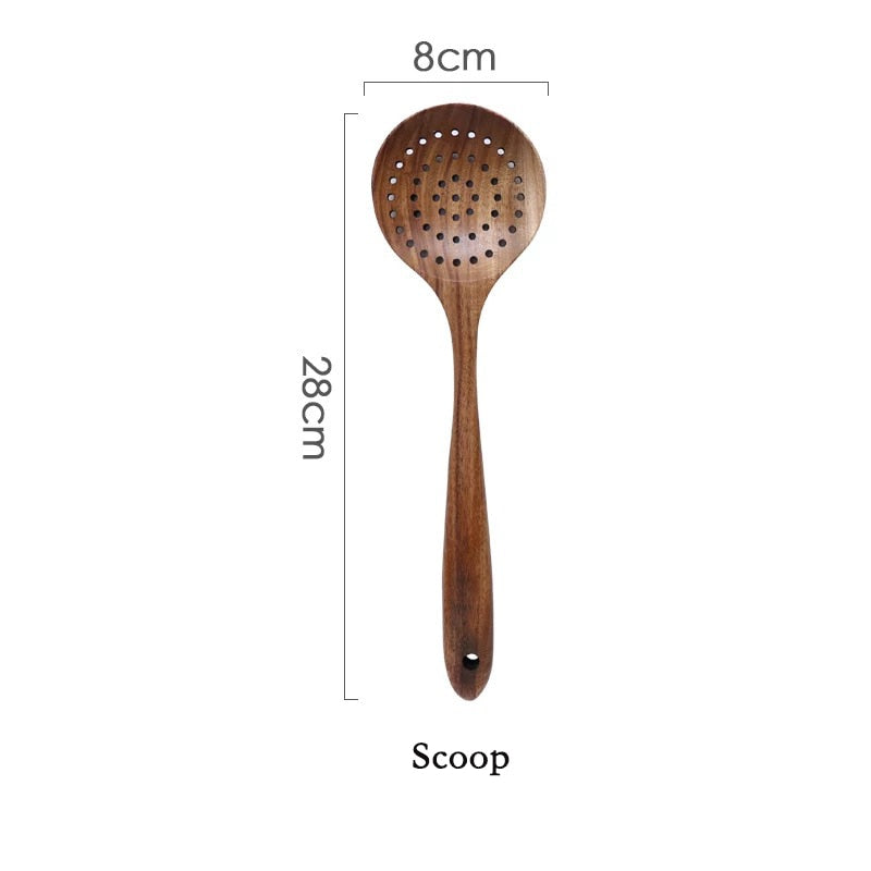 Thailand Teak Natural Wood Tableware Spoon Ladle Turner Long Rice Colander Soup Skimmer Cooking Spoons Scoop Kitchen Tool Set - dianjiang-