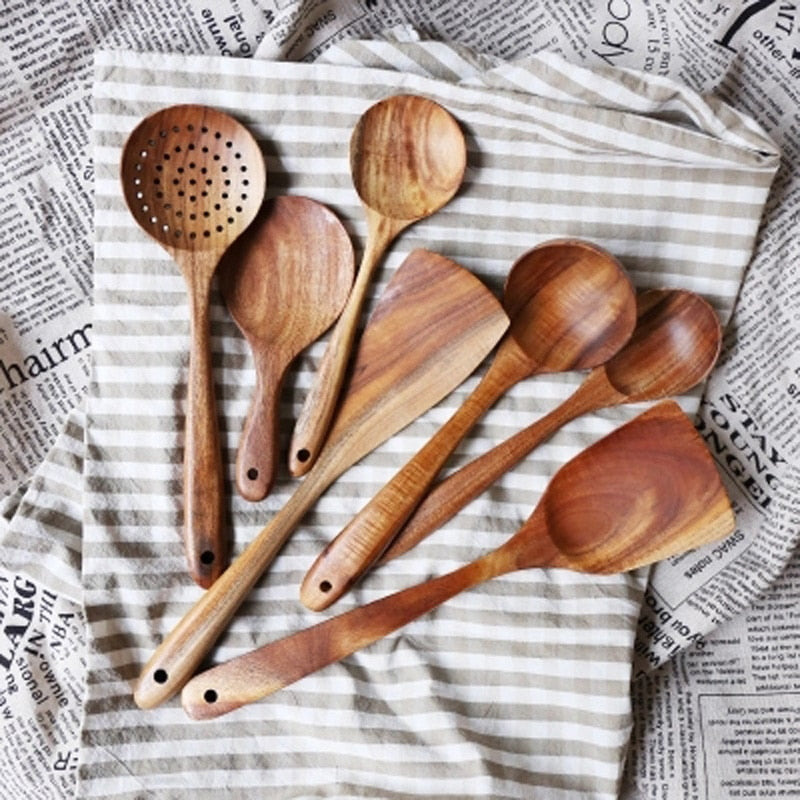 Thailand Teak Natural Wood Tableware Spoon Ladle Turner Long Rice Colander Soup Skimmer Cooking Spoons Scoop Kitchen Tool Set - dianjiang-