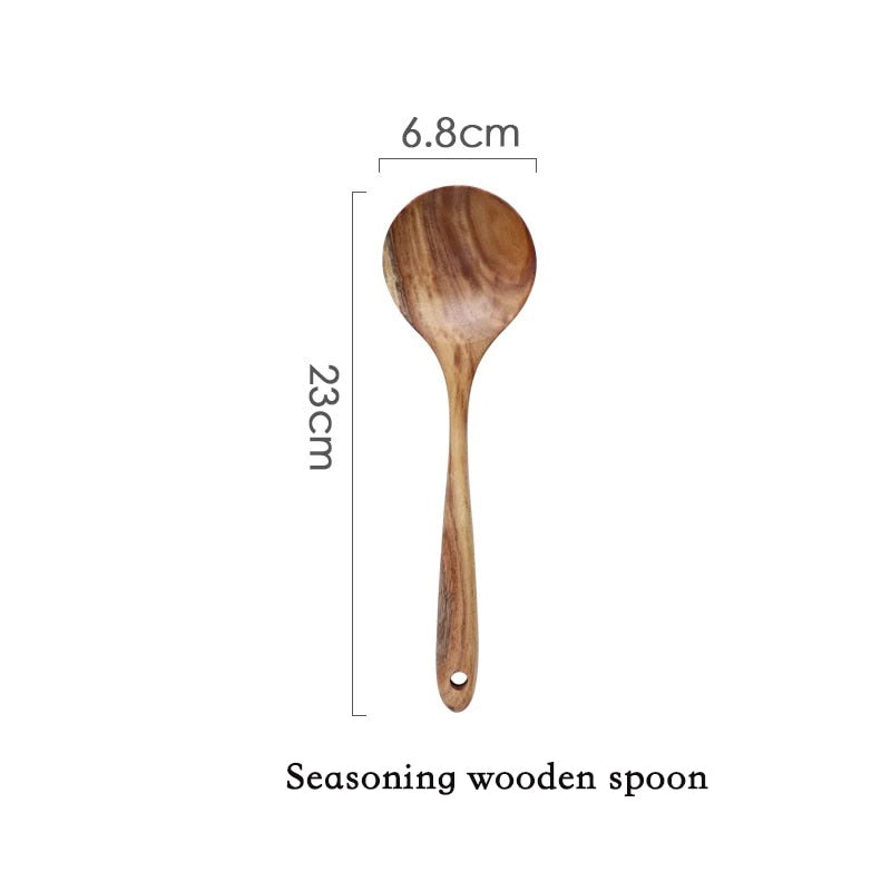 Thailand Teak Natural Wood Tableware Spoon Ladle Turner Long Rice Colander Soup Skimmer Cooking Spoons Scoop Kitchen Tool Set - dianjiang-