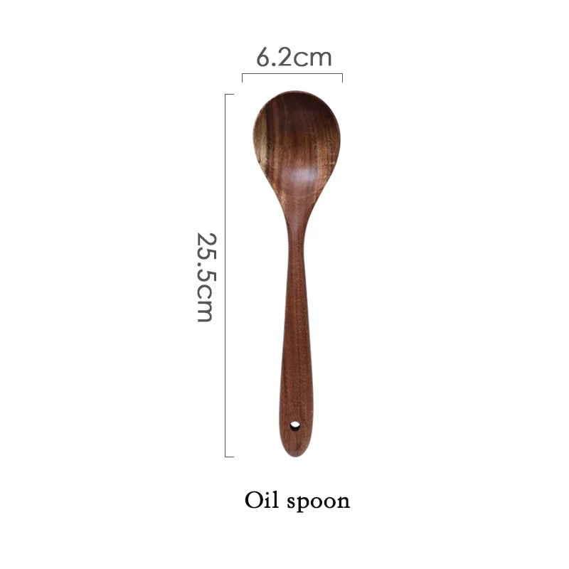 Thailand Teak Natural Wood Tableware Spoon Ladle Turner Long Rice Colander Soup Skimmer Cooking Spoons Scoop Kitchen Tool Set - dianjiang-