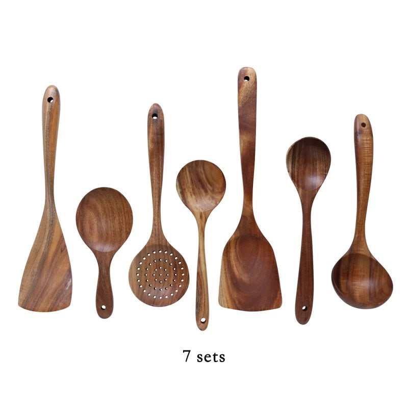 Thailand Teak Natural Wood Tableware Spoon Ladle Turner Long Rice Colander Soup Skimmer Cooking Spoons Scoop Kitchen Tool Set - dianjiang-