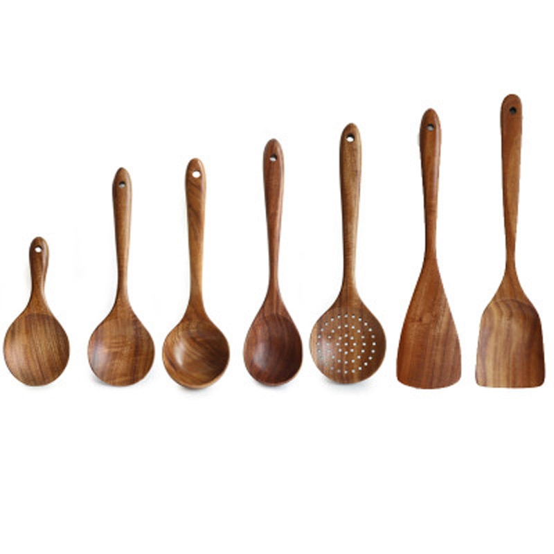 Thailand Teak Natural Wood Tableware Spoon Ladle Turner Long Rice Colander Soup Skimmer Cooking Spoons Scoop Kitchen Tool Set - dianjiang-