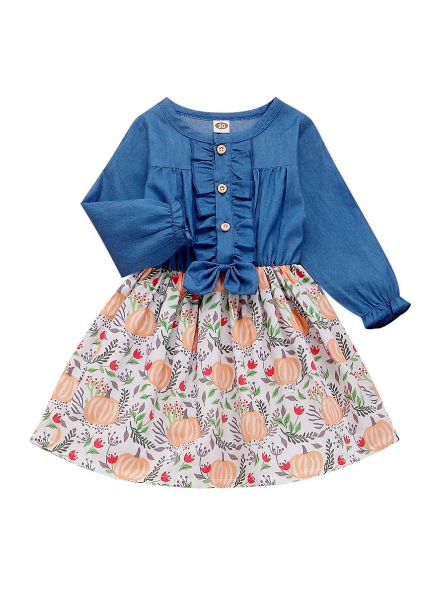 Thanksgiving Day Pumpkin Patchwork Frilled Bow Dress - dianjiang-