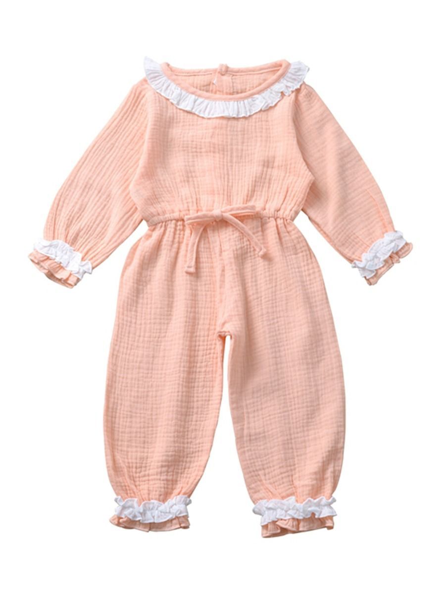 Autumn Multi-colored Ruffled Tie-waist Muslin Baby Girls Jumpsuit - dianjiang-