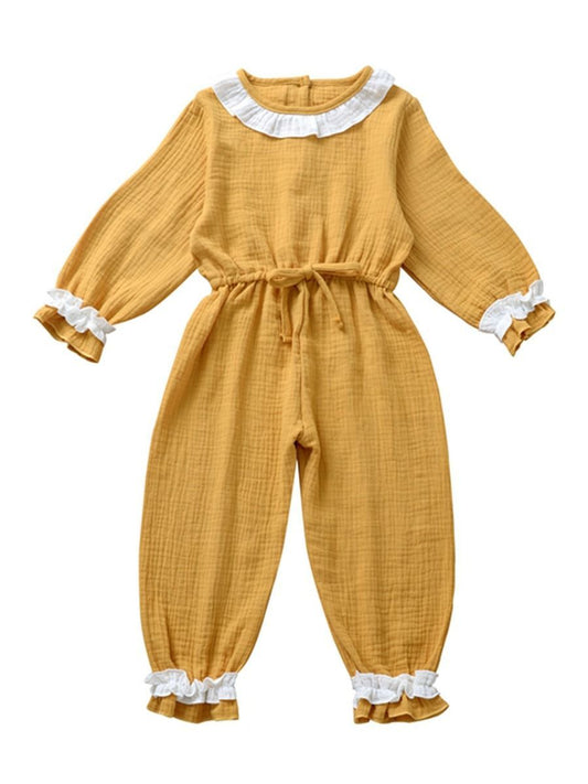 Autumn Multi-colored Ruffled Tie-waist Muslin Baby Girls Jumpsuit - dianjiang-