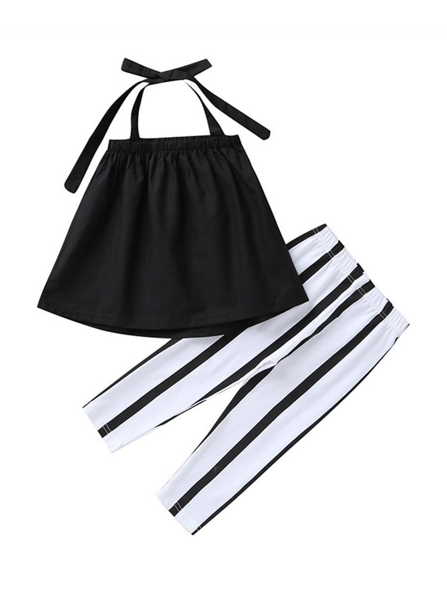 Tie Black Top Matching Stripe Pants 2-Piece Set For Baby Little Girl - dianjiang-