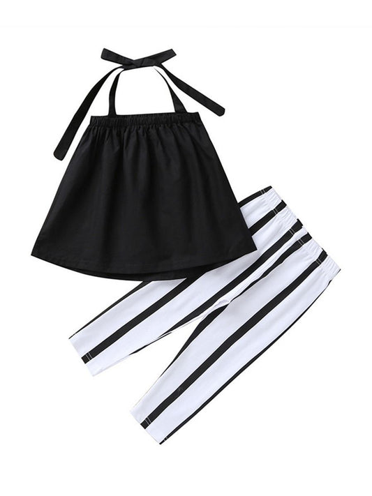 Tie Black Top Matching Stripe Pants 2-Piece Set For Baby Little Girl - dianjiang-