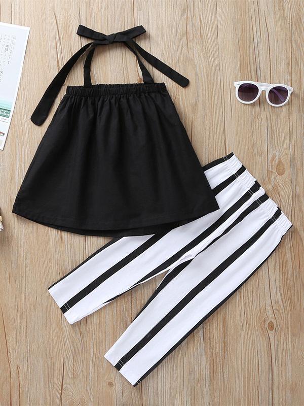 Tie Black Top Matching Stripe Pants 2-Piece Set For Baby Little Girl - dianjiang-