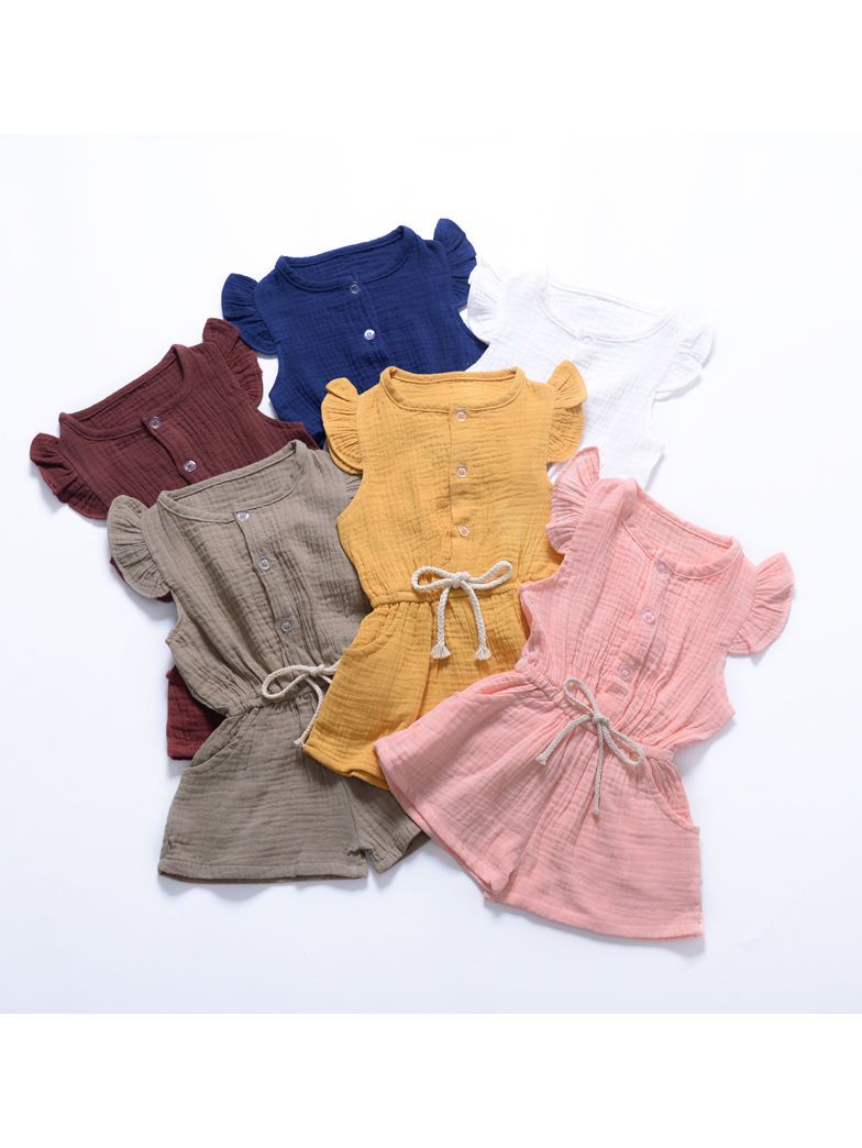 Tie Waist Flutter Sleeve Crinkle Gauze Shortalls Jumpsuit - dianjiang-