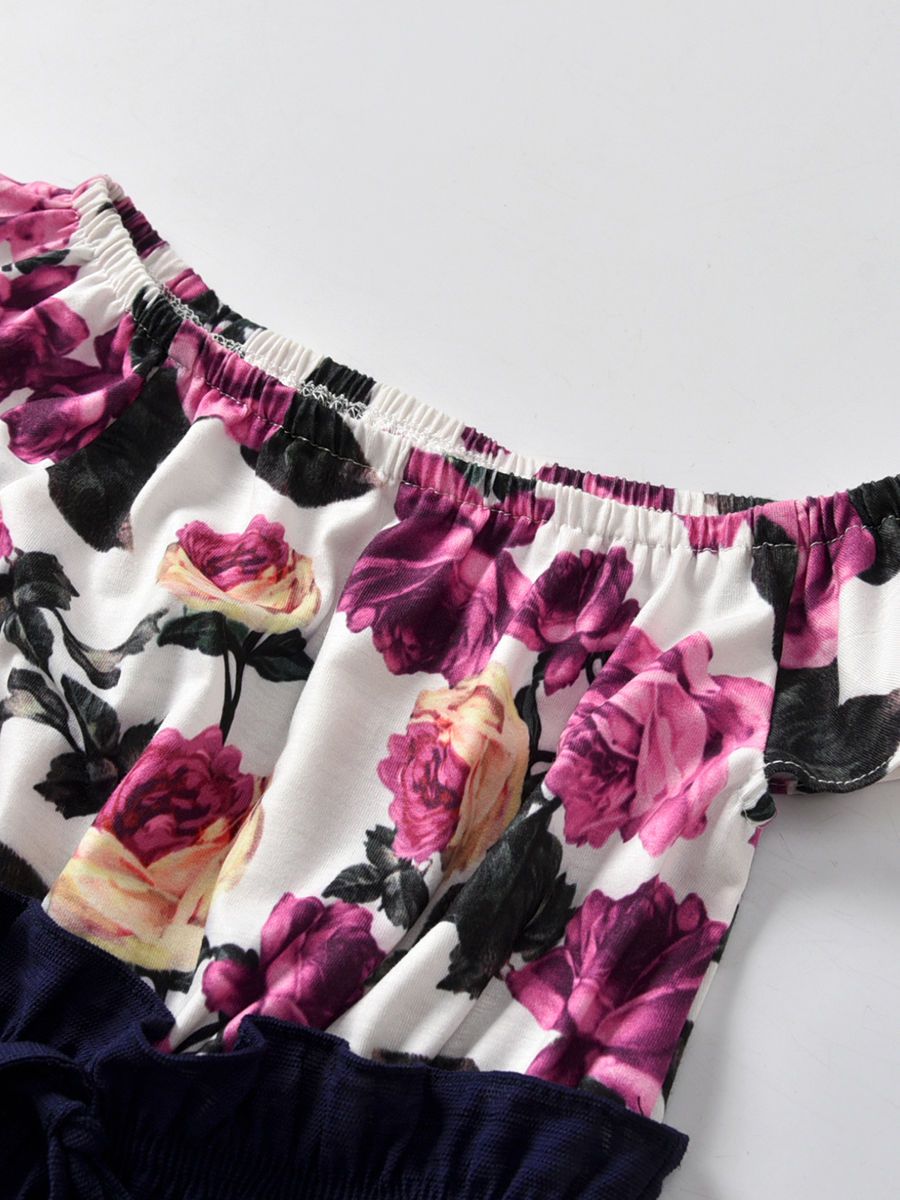 Toddler Baby Girl Overalls Short-sleeved Flower Print Off-shoulder Romper - dianjiang-