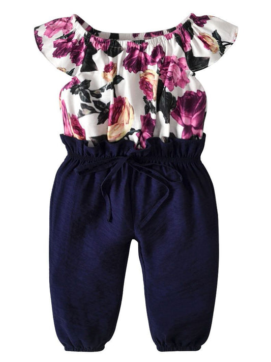 Toddler Baby Girl Overalls Short-sleeved Flower Print Off-shoulder Romper - dianjiang-
