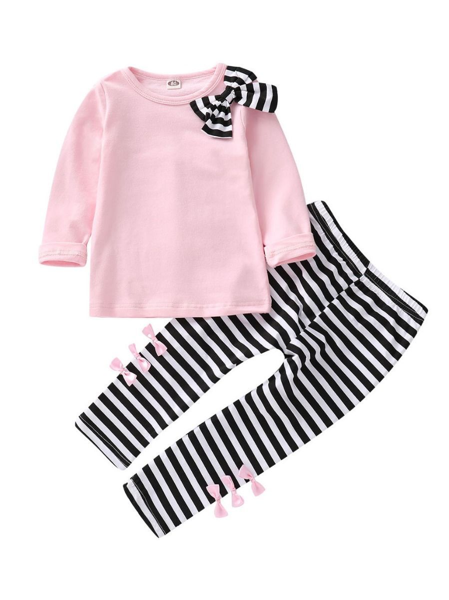 Toddler Big Girl 2-piece Outfit Bow Pink T-shirt+Black & White Striped Pants - dianjiang-