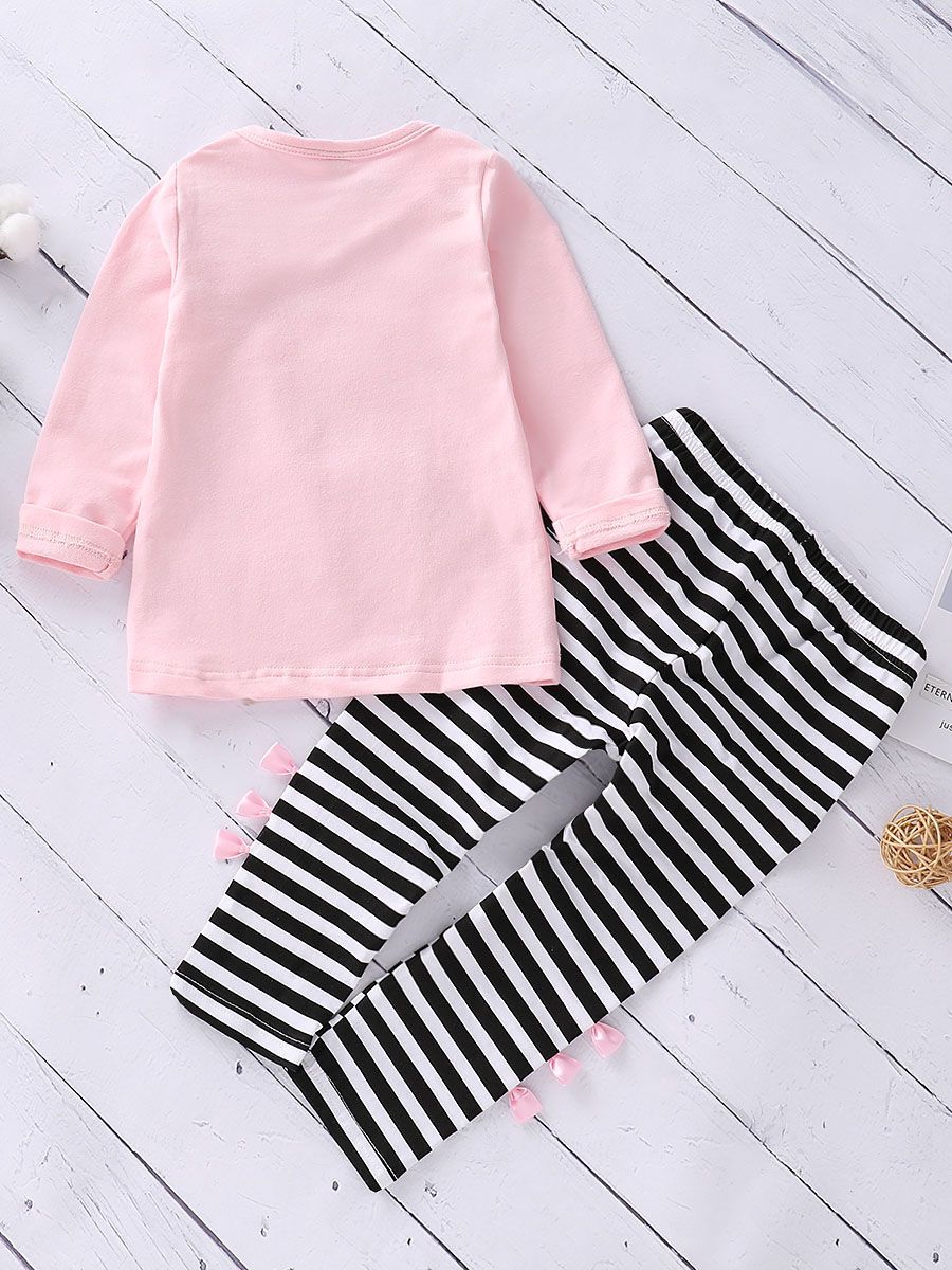 Toddler Big Girl 2-piece Outfit Bow Pink T-shirt+Black & White Striped Pants - dianjiang-