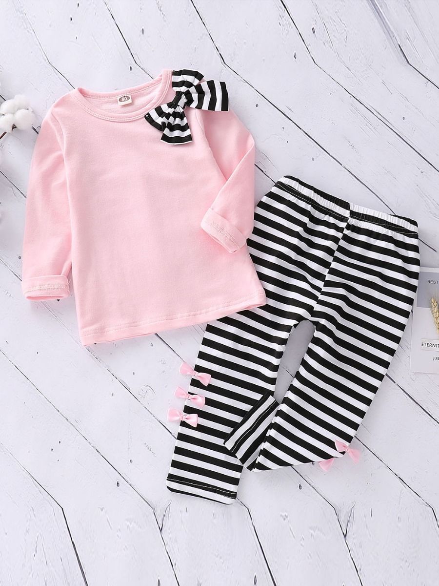 Toddler Big Girl 2-piece Outfit Bow Pink T-shirt+Black & White Striped Pants - dianjiang-