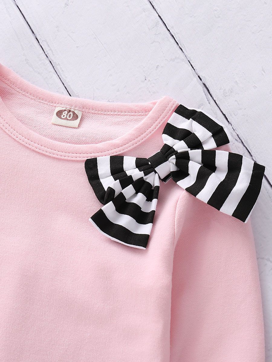Toddler Big Girl 2-piece Outfit Bow Pink T-shirt+Black & White Striped Pants - dianjiang-