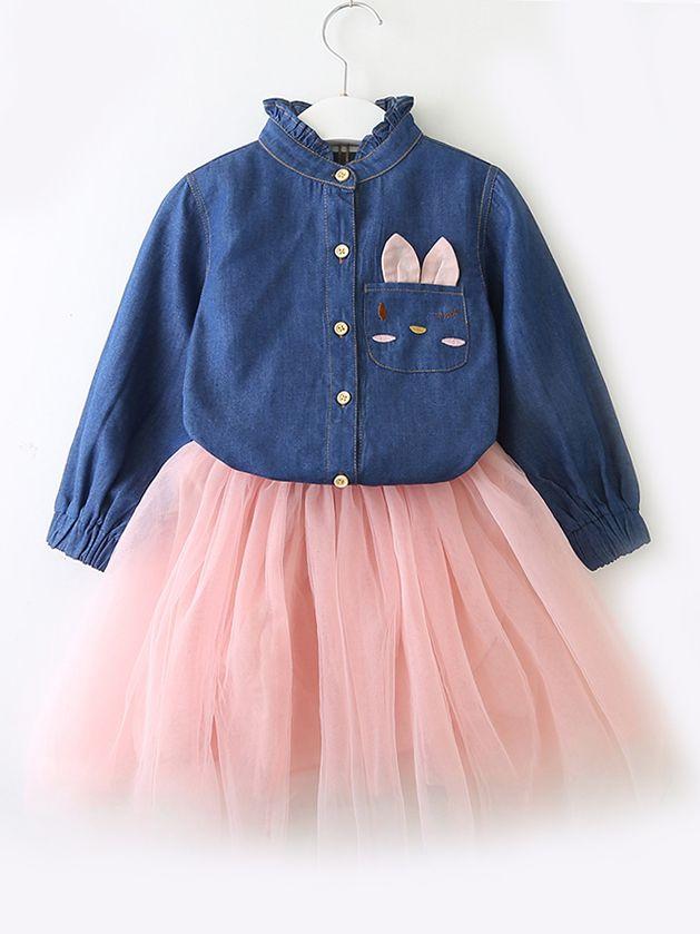Toddler Big Girl Denim Tulle Patchwork Casual Dress Spring - dianjiang-