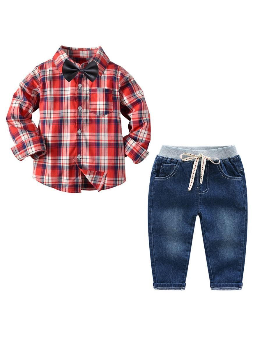 Spring 3-Piece Toddler Boy Gingham Shirt with Tie and Jeans - dianjiang-