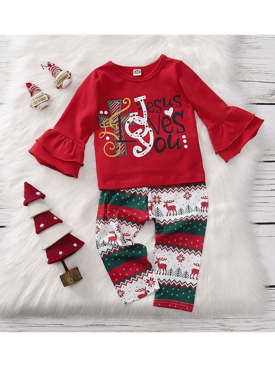 Toddler Girl 2-Piece Jesus Loves You Christmas Outfits Top & Trousers - dianjiang-