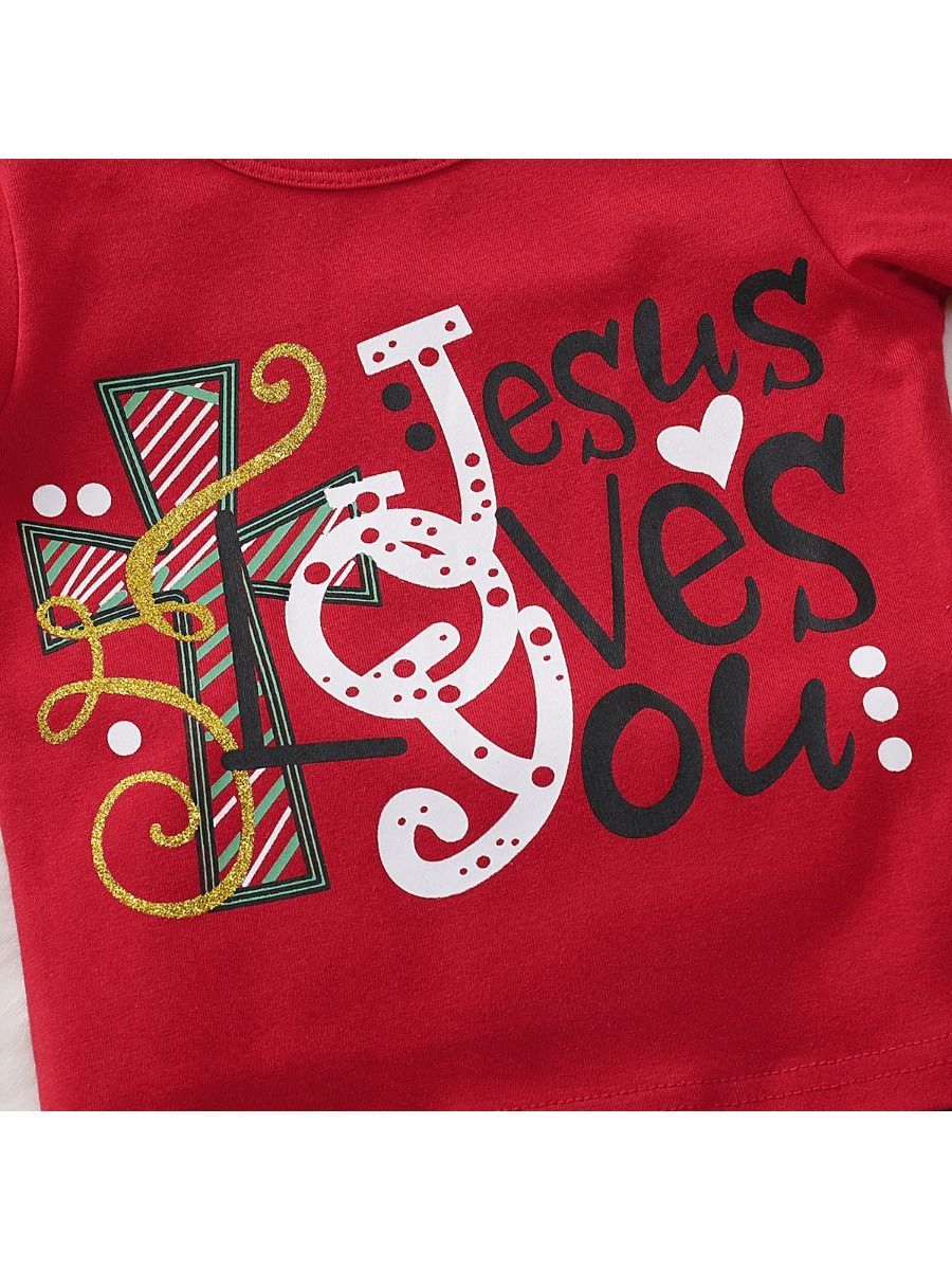 Toddler Girl 2-Piece Jesus Loves You Christmas Outfits Top & Trousers - dianjiang-