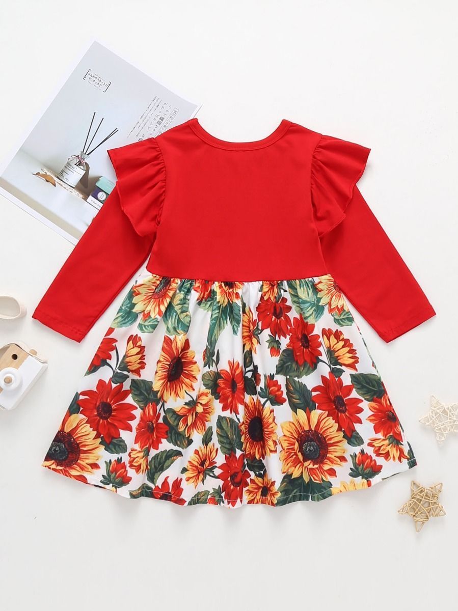 Toddler Girl Frilled Sleeve Sunflower Patchwork Dress - dianjiang-