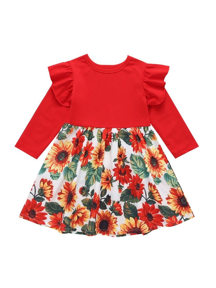 Toddler Girl Frilled Sleeve Sunflower Patchwork Dress - dianjiang-