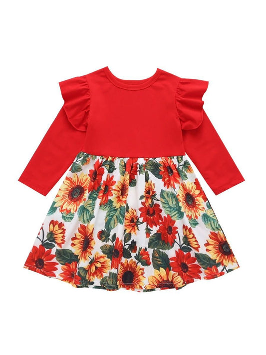 Toddler Girl Frilled Sleeve Sunflower Patchwork Dress - dianjiang-